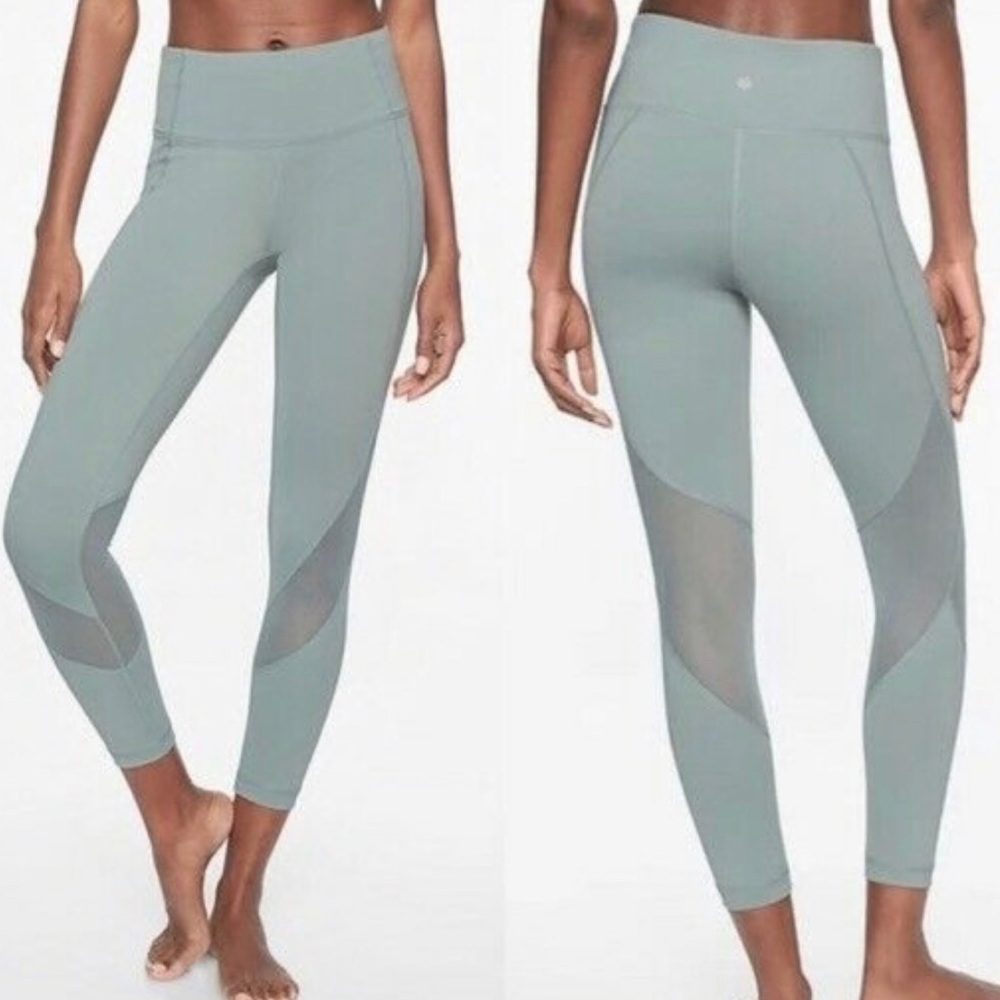 Athleta Eclipse 7/8 Tights Seafoam Green Mesh LARGE EUC wore/ Washed once